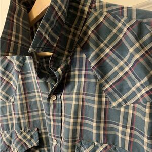 Vtg Plains Western Wear Green Large Tall Long Sleeve Pearl Snap Button-Up Shirt